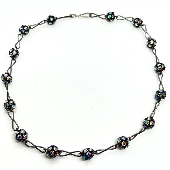 VINTAGE AB Aurora Borealis Crystal Disco Ball Necklace Gunmetal Station Choker - Picture 7 of 13